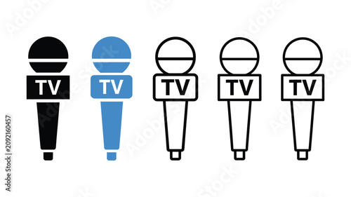 Tableau sur toile TV microphone icons illustrating broadcast journalism, news interview equipment, and clean minimalist vector graphics with solid and outline style variations for media applications