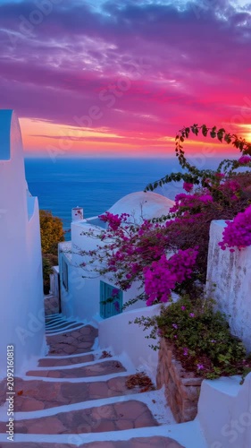 Beautiful narrow street with white houses and blooming bougainvillea flowers in Santorini overlooking the sea at sunset