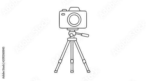 Obraz na płótnie A clean black and white line art vector icon of a camera on tripod from alternate angle, suitable for photography workshop promotions, camera rental services, or filmmaking tutorial content