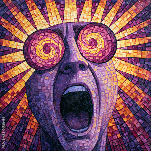 A vibrant, expressionist painting of a screaming human face in a mosaic or stained-glass style