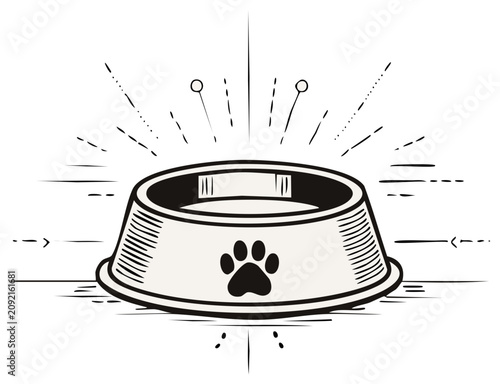 Retro illustration of pet bowl with paw print icon and radiating lines.