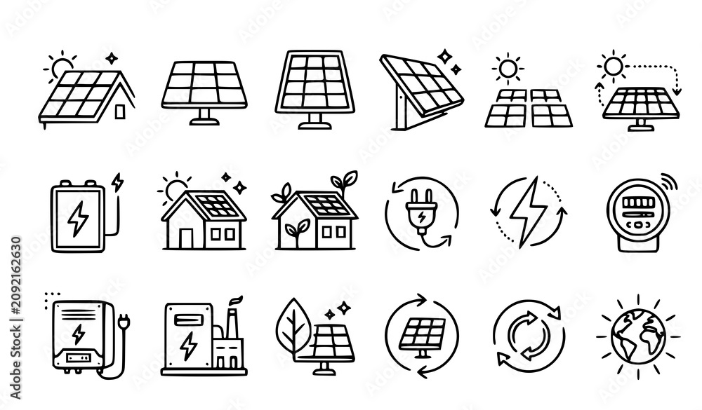 Fototapeta premium Solar energy icons and sustainable living symbols