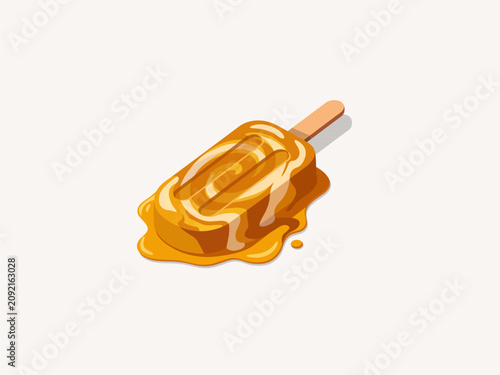 Canvas Print Melting Caramel Swirl Popsicle Ice Cream Vector Graphic with Syrupy Puddle Isola