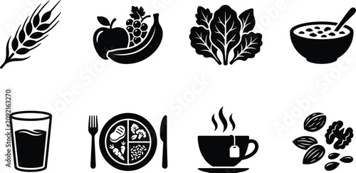 Konstfotografi Healthy Nutrition and Balanced Diet Solid Icon Set Featuring Fruits Vegetables W