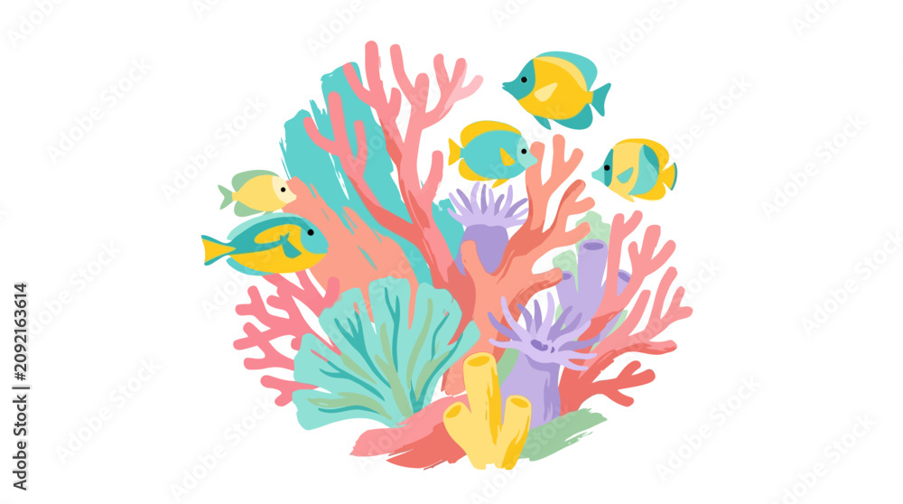 Fototapeta premium Colorful Coral Reef with Tropical Fish Illustration