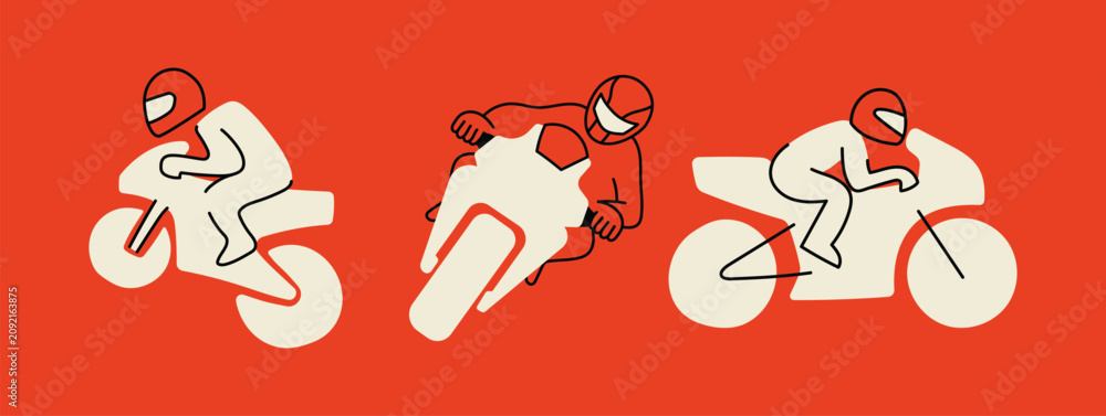 Obraz premium Minimalist motorcycle rider vector illustration set. Flat cartoon sportbike racers with helmets on red background. Creative retro moto racing icons, simple abstract line art character clipart