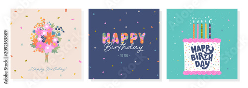 Set of lovely hand drawn birthday cards with cake, flowers and decoration, universal artistic templates