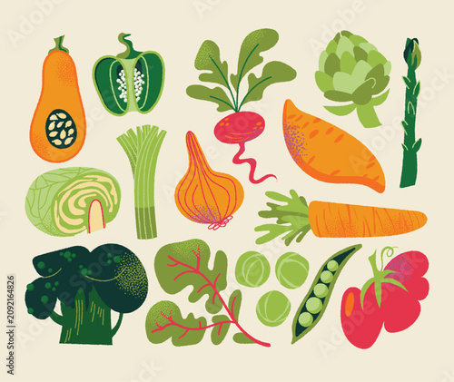 Retro organic vegetable vector illustration set. Minimalist Scandinavian style mid century modern healthy vegan food icons with textured noise grain gradient isolated on beige background