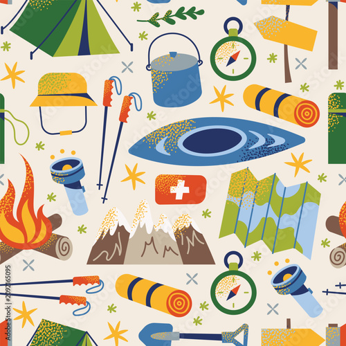 Retro camping seamless pattern vector background. Minimalist Scandinavian style mid century modern outdoor adventure, hiking equipment, and travel icons with textured noise grain gradient
