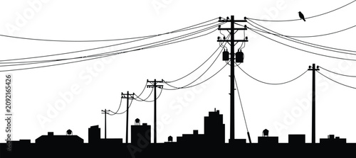 Urban silhouette with power lines and bird on utility pole