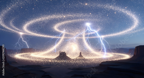 Golden dust cloud swirling in the air against a dark background