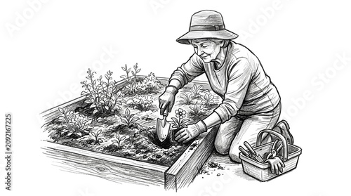 Senior woman gardening in a raised bed for senior citizens day vector