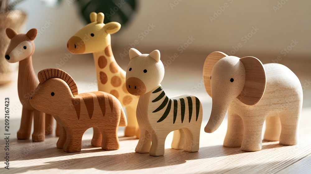 Naklejka premium A row of wooden toy animals including zebra elephant giraffe and horse standing on a light wood floor under warm sunlight