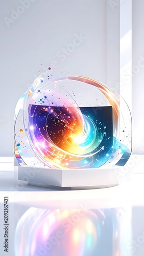 Colorful glass orb with swirling pattern.