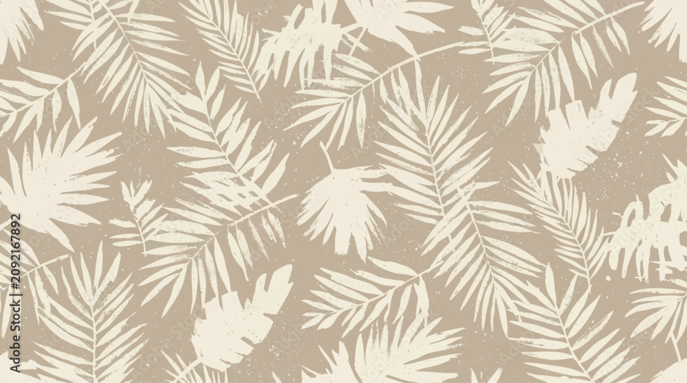 Fototapeta premium Beige Tropical Palm Leaves Seamless Pattern with Grunge Texture