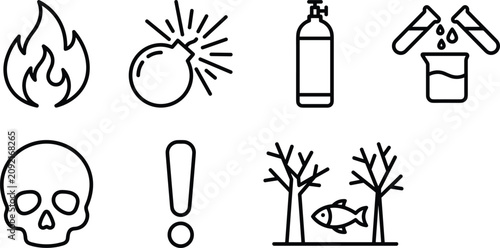 Photos GHS Hazard Warning Outline Icon Set Featuring Flammable Flame Explosive Bomb Gas