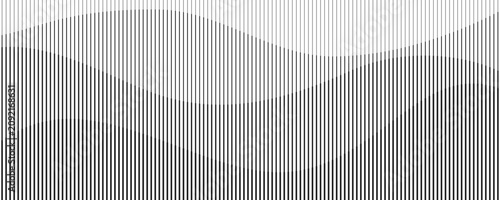 Black and white linear geometric background with wave pattern, vertical straight and smooth lines transitioning from thin to thick, abstract modern textured vector pattern for banners and design