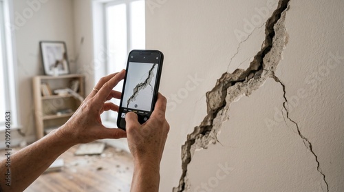 Person documents severe structural damage and a large crack in a white wall with a smartphone in an earthquake-damaged room, assessing home integrity after a disaster