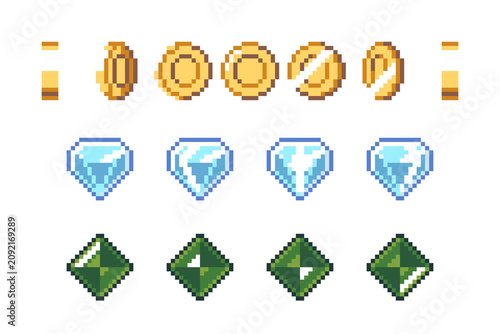 Εκτύπωση καμβά Animated pixel art gold coin and gems sprite sheet