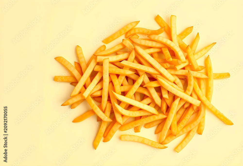 Fototapeta premium Scattered French fries on yellow background