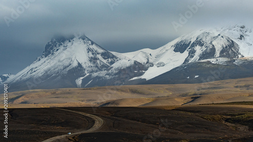 4x4 vehicle crossing the volcanic wilderness of the icelandic highlands