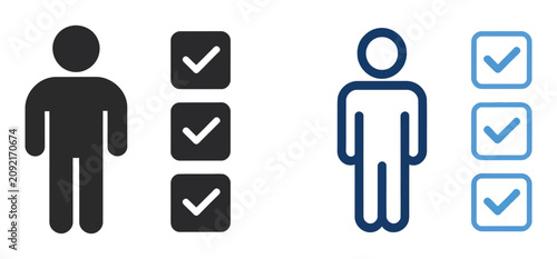 Task checklist icons featuring person with check mark, workflow management, planning, and clean minimalist vector graphics for business productivity and project organization.