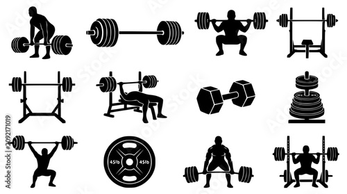 Foto Vector silhouettes of weightlifting exercises and equipment on white background