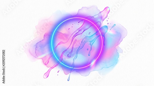   
“Glowing neon circle radiates over watercolor cosmos, vibrant pink, purple, blue gradients flow like liquid light, geometric precision meets organic fluidity in luminous harmony.”