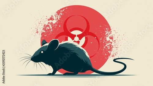 Public health poster style composition with mouse silhouette and biohazard symbol, hantavirus awareness concept, clean medical design aesthetic