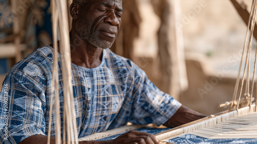 Ghanaian master kente weaver working at traditional strip-loom in outdoor workshop as narrow woven band emerges between tensioned warp threads and afternoon equatorial sun casts