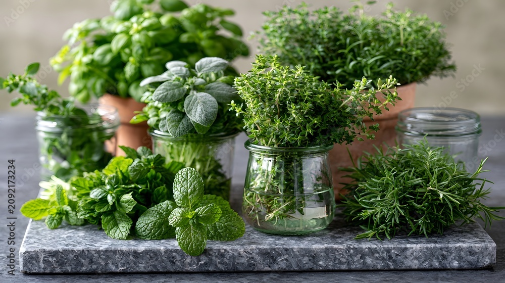 Fototapeta premium A variety of fresh green herbs including mint thyme rosemary and basil displayed on a stone cutting board