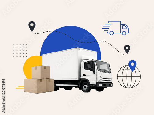 Modern delivery and logistics concept with cargo truck, cardboard boxes, route map and location pins. Minimal geometric collage representing shipping, transportation, freight and global distribution.