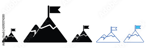 Travel and tourism mountain adventure icons featuring peak summits, hiking trails, flag landmarks, and clean minimalist vector graphics for outdoor exploration and navigation.