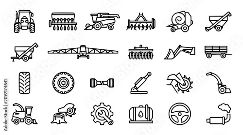 Tableau sur toile Outline agricultural machinery and equipment icons for farming operations and ru
