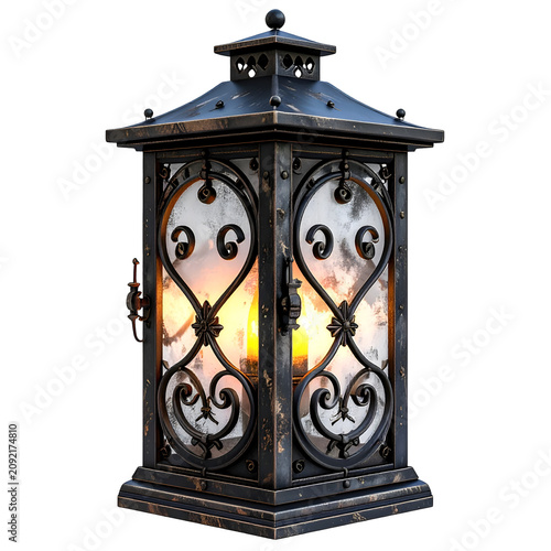 Vintage Wrought Iron Lantern with Ornate Scrollwork Isolated on White