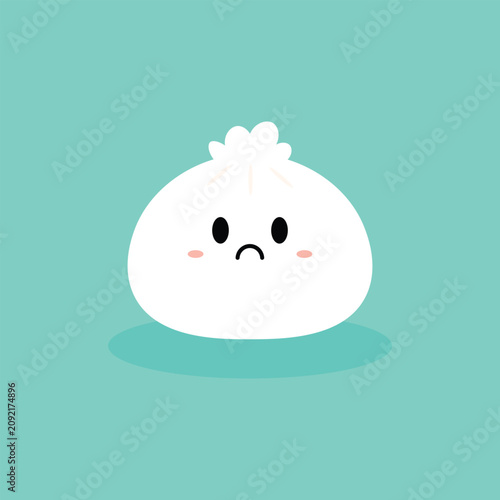 Fotografía Cute worried white dumpling character with a concerned frowning face in minimal kawaii style on a pastel teal background, ideal for food branding, stickers, mascots, and playful illustrations