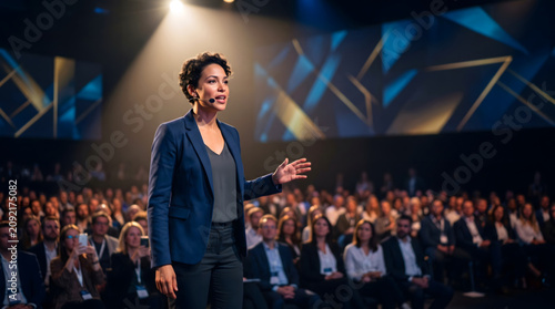 Speaker, Professional, Speaker performing on stage with spotlight talking to many people in audience, event