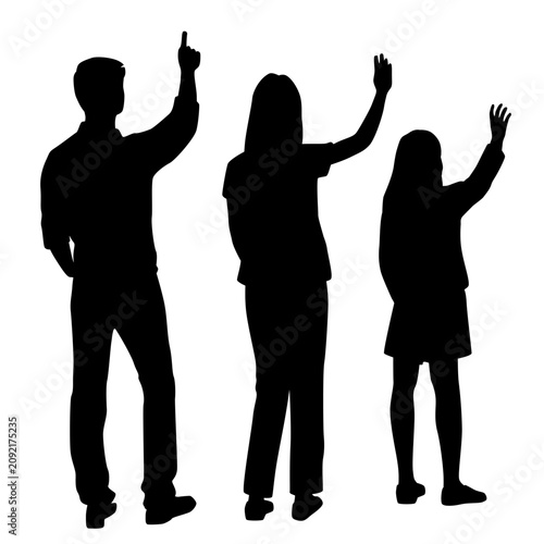 Silhouettes of a man, a woman, and a girl, with raised hands, looking up, back view, profile, vector, black color, isolated on a white background