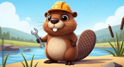 Adorable Cartoon Beaver with Wrench and Hard Hat - Whimsical Woodland Scene