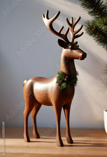 Wooden reindeer figurine wi...