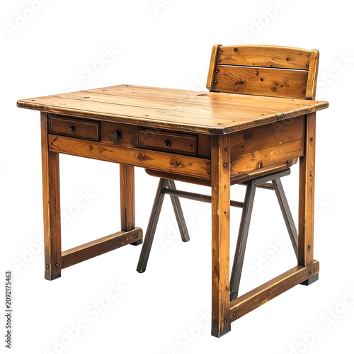 Vintage Wooden School Desk and Chair Isolated on White Background