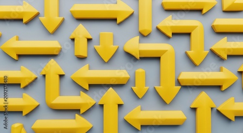 Navigating Choices: A Textured Array of Yellow Arrows in Depth