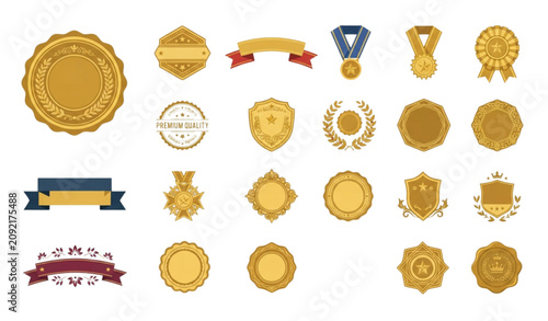 Elegant Premium Gold Seal and Ribbon Badge Bundle Flat Vector Illustration