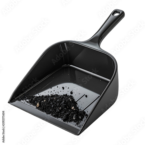 Black plastic hand dustpan with a pile of dirt isolated on white