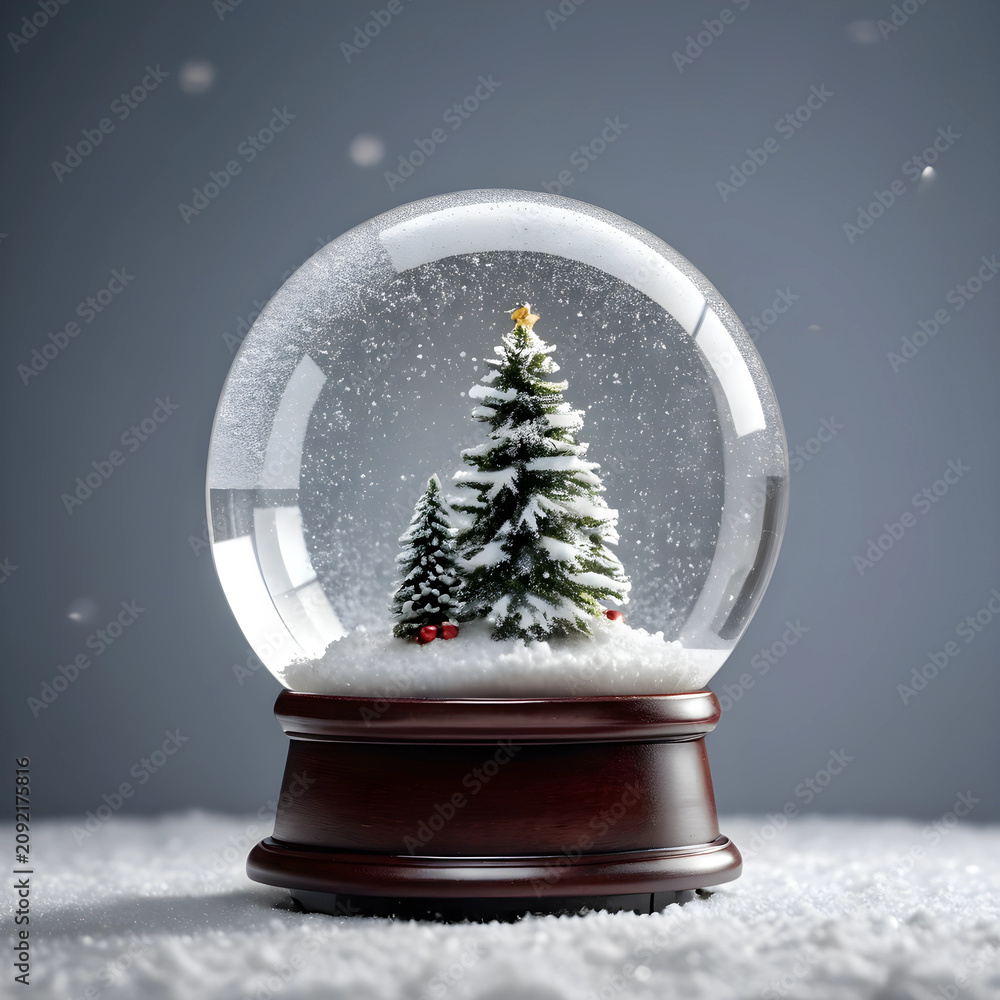 Fototapeta premium Christmas snow globe with pine trees and snowflakes