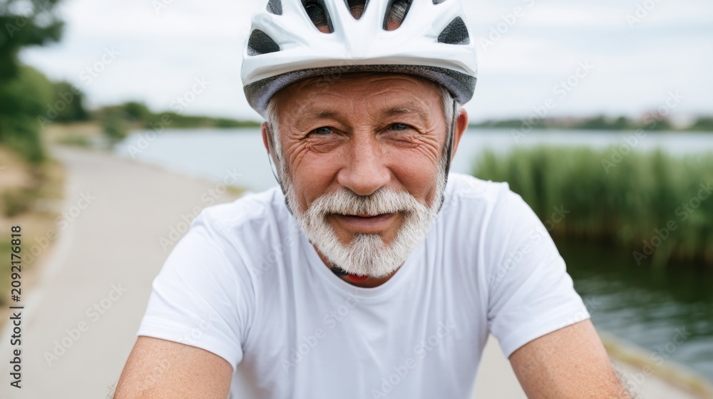 Fototapeta premium Senior male cyclist wearing a white t-shirt and helmet smiles while resting on a bicycle near a serene lake with greenery and a pathway in the background