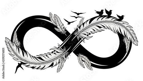 Tableau sur toile Infinity Symbol with Feathers and Flying Birds Design