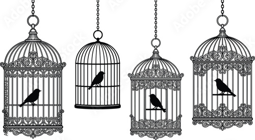 Vintage Birdcage Vector Collection Featuring Decorative Hanging Cages, Perched Birds, Ornamental Victorian Design and Elegant Silhouette Illustrations