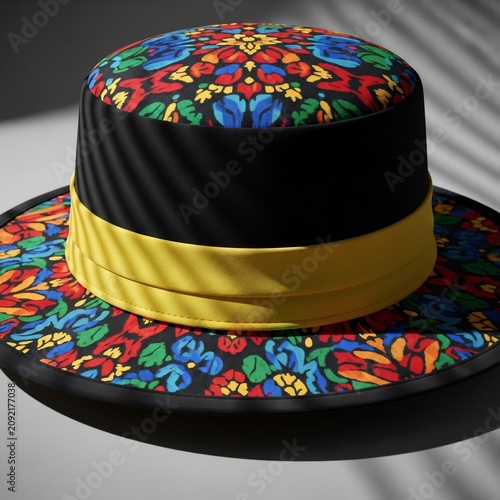 Vibrant stained-glass hat design, rich colors, intricate patterns, striking yellow band, deep shadows.