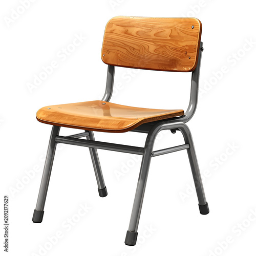 Classic Wooden School Chair with Metal Frame Isolated on White Background